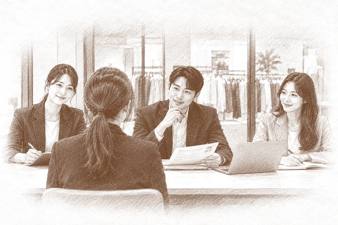 매장 판매직 지원자와 면접관들이 마주 앉아 면접하는 모습을 그린 세밀화