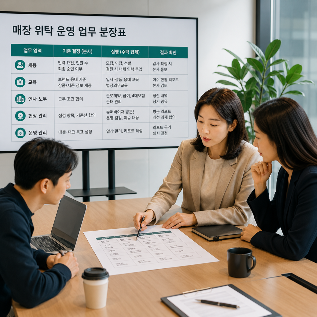 매장 위탁 운영 업무 분장표를 검토하는 회의 장면