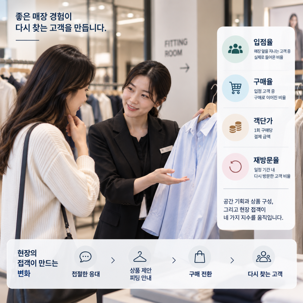 아리오씨오에스 소속 판매사원이 고객에게 상품을 제안하며 응대하는 모습 예시