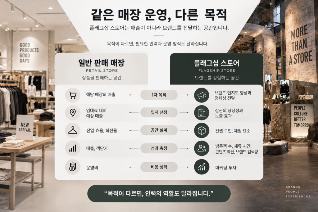 플래그십 스토어와 일반 판매 매장의 목적 구조 비교