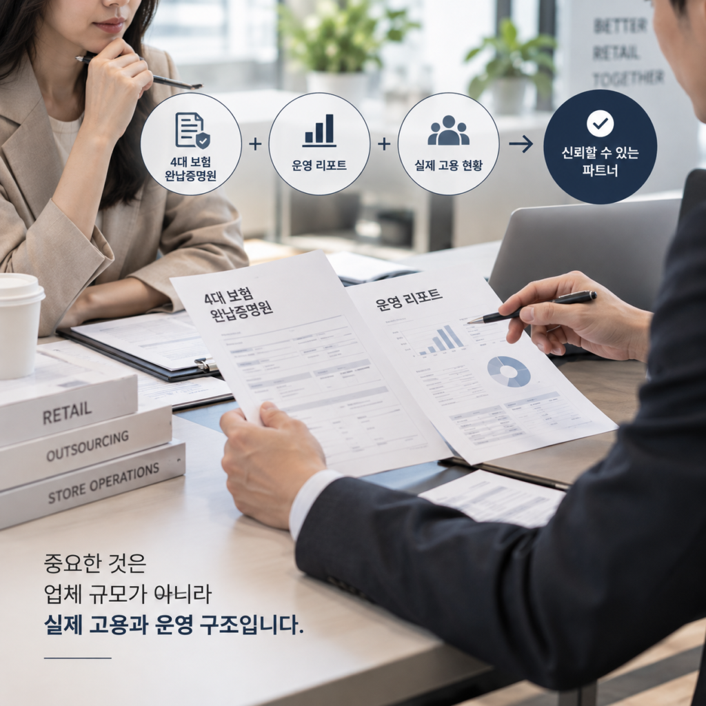 매장 아웃소싱 업체 계약 전 4대보험 완납증명원과 운영 리포트 등 검증 자료를 검토하는 모습. 서면 검증은 업체 규모가 아니라 실제 고용•운영 구조를 확인하는 단계다.