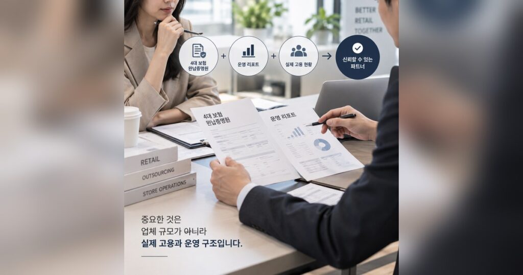 매장 아웃소싱 업체 계약 전 4대보험 완납증명원과 운영 리포트 등 검증 자료를 검토하는 모습. 서면 검증은 업체 규모가 아니라 실제 고용•운영 구조를 확인하는 단계다.